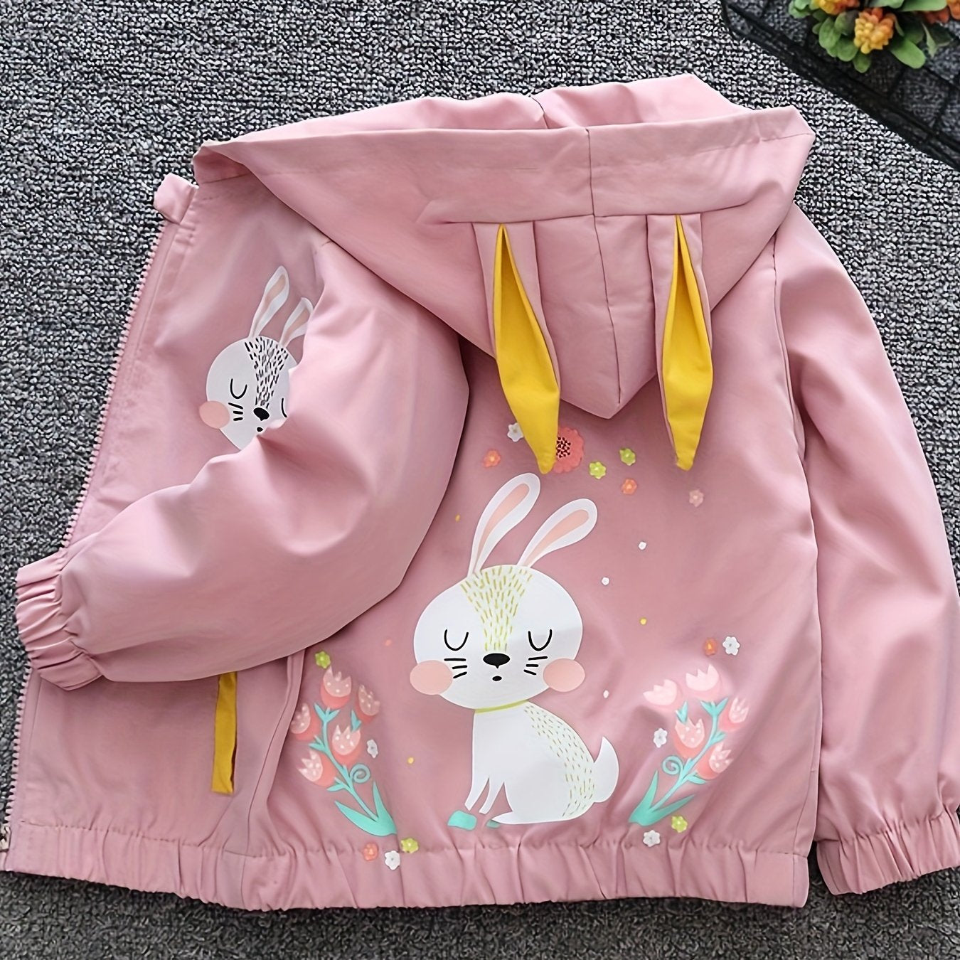 Girls' Hooded Coat with Rabbit and Flower Design, Ideal for Outdoor Activities in Spring/Autumn