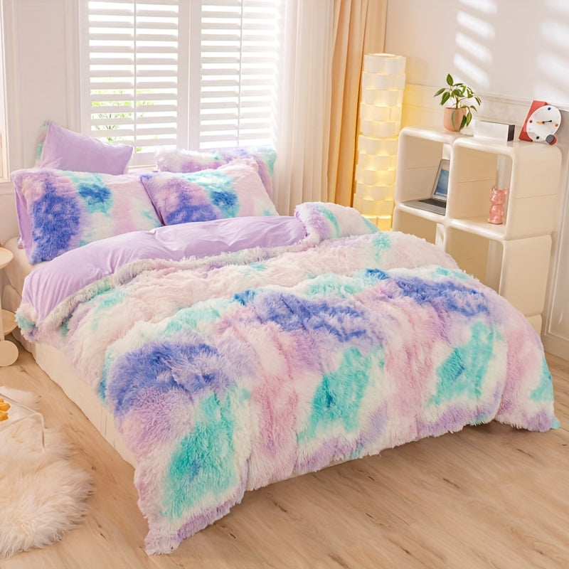 Y2K Tie Dye Plush Duvet Cover Set includes 3 pieces (1 Duvet Cover + 2 Pillowcases), providing soft and warm bedding.