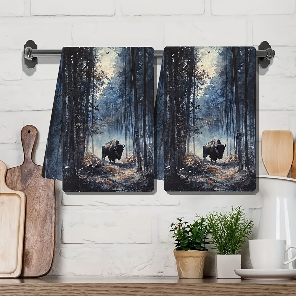 Ultra Soft Kitchen Towels featuring Majestic Bison in Woods Scene - Set of 2. Highly Absorbent, Machine Washable Dish Hand Towels with Contemporary Style. Size: 40.64x60.96 cm. Made of Ultrasoft Polyester. Perfect for any modern kitchen.