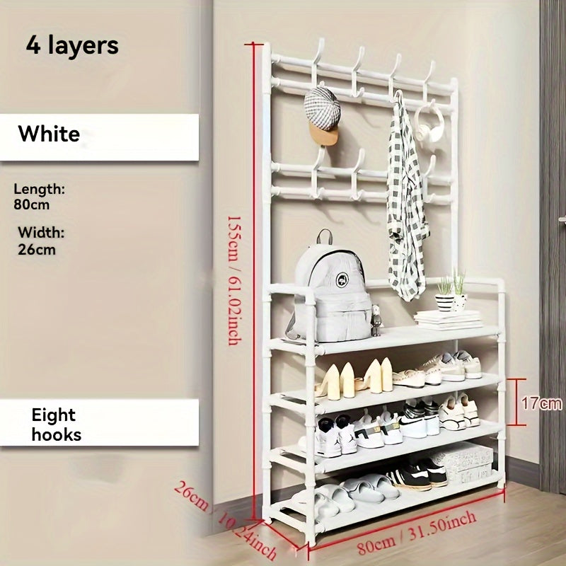 This versatile Metal Entryway Shoe Rack measures 80cm/31.49in wide and features 8 hooks for convenient storage of shoes, scarves, and hats. Perfect for entryways, living rooms, and bedrooms, this rack is easy to install and move around, requiring no wood