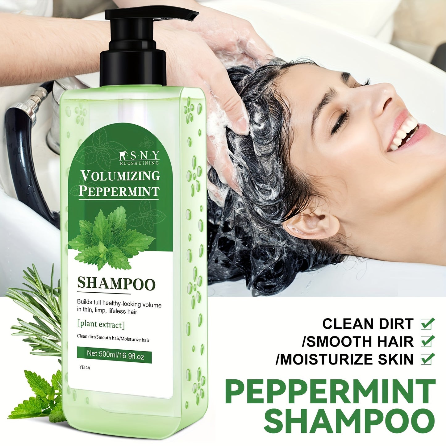 500ml Peppermint Volumizing Shampoo with Biotin Blend - Deep cleansing and strengthening for all hair types, with plant-based squalane.