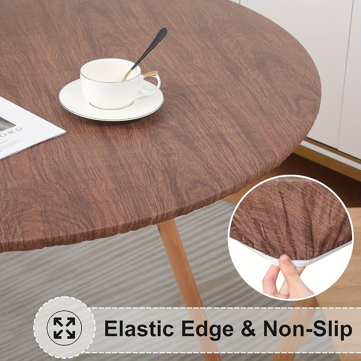 Waterproof vinyl tablecloth with wood grain design, elastic fit, easy wipe flannel backing, ideal for dining indoors and outdoors, camping, and picnics. Great as a picnic blanket.