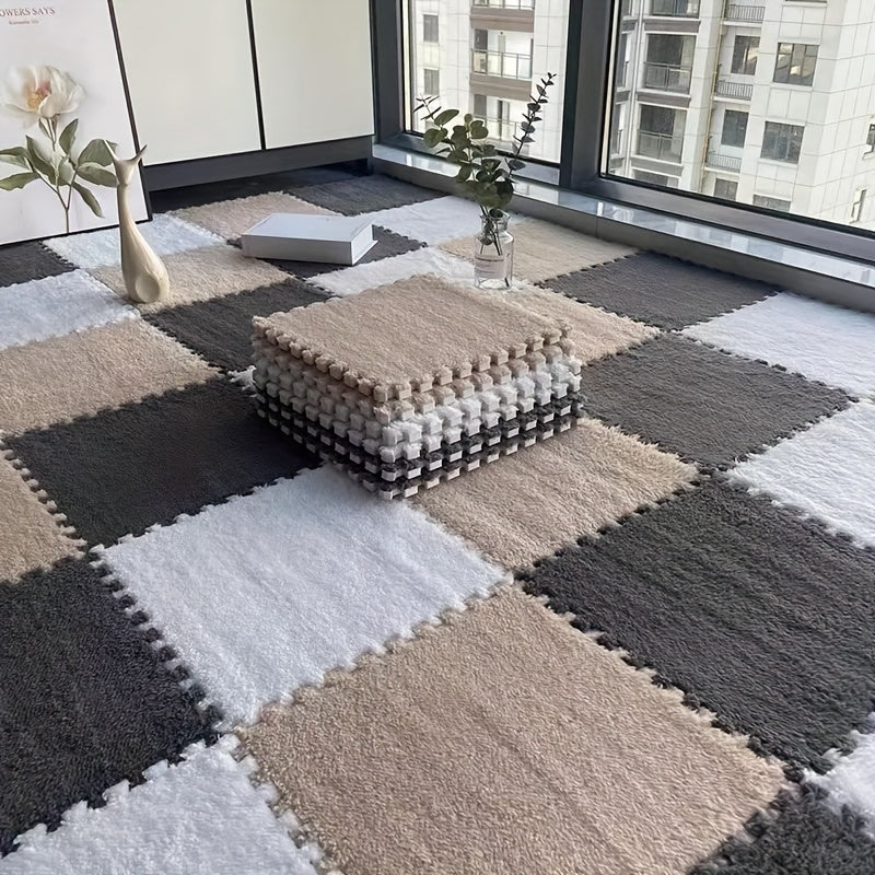 Thickened Plush Patchwork Carpet Set of 24 Pieces for Bedroom Wardrobe Living Room Floating Window Pet Mat, Rental Household Floor Mat that is Washable and Can Be Easily Cut to Fit