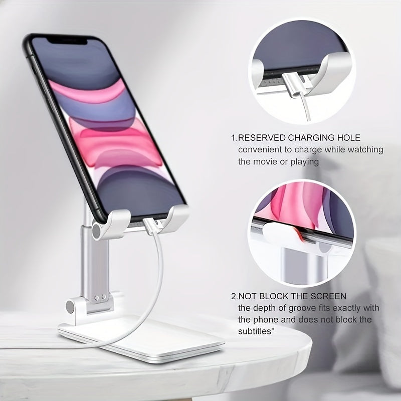 Desk mobile phone holder stand for various devices with adjustable feature.