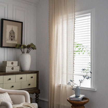 Stylish Boho Beige Curtains with Fringe and Gold Detail - UV Protection, Rod Pocket Design for Living Room and Kitchen Décor