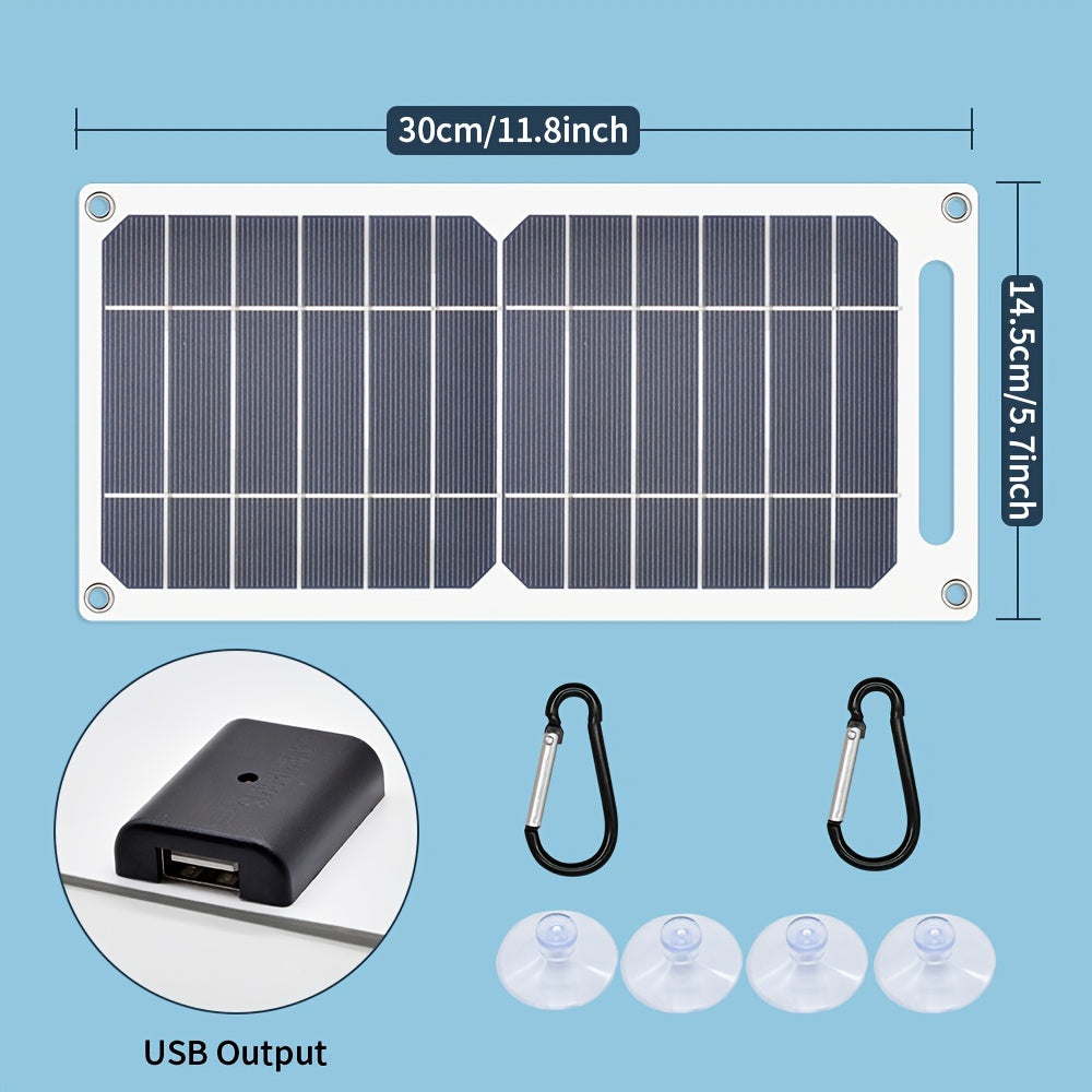 Compact dual USB solar charger, perfect for camping and home use.