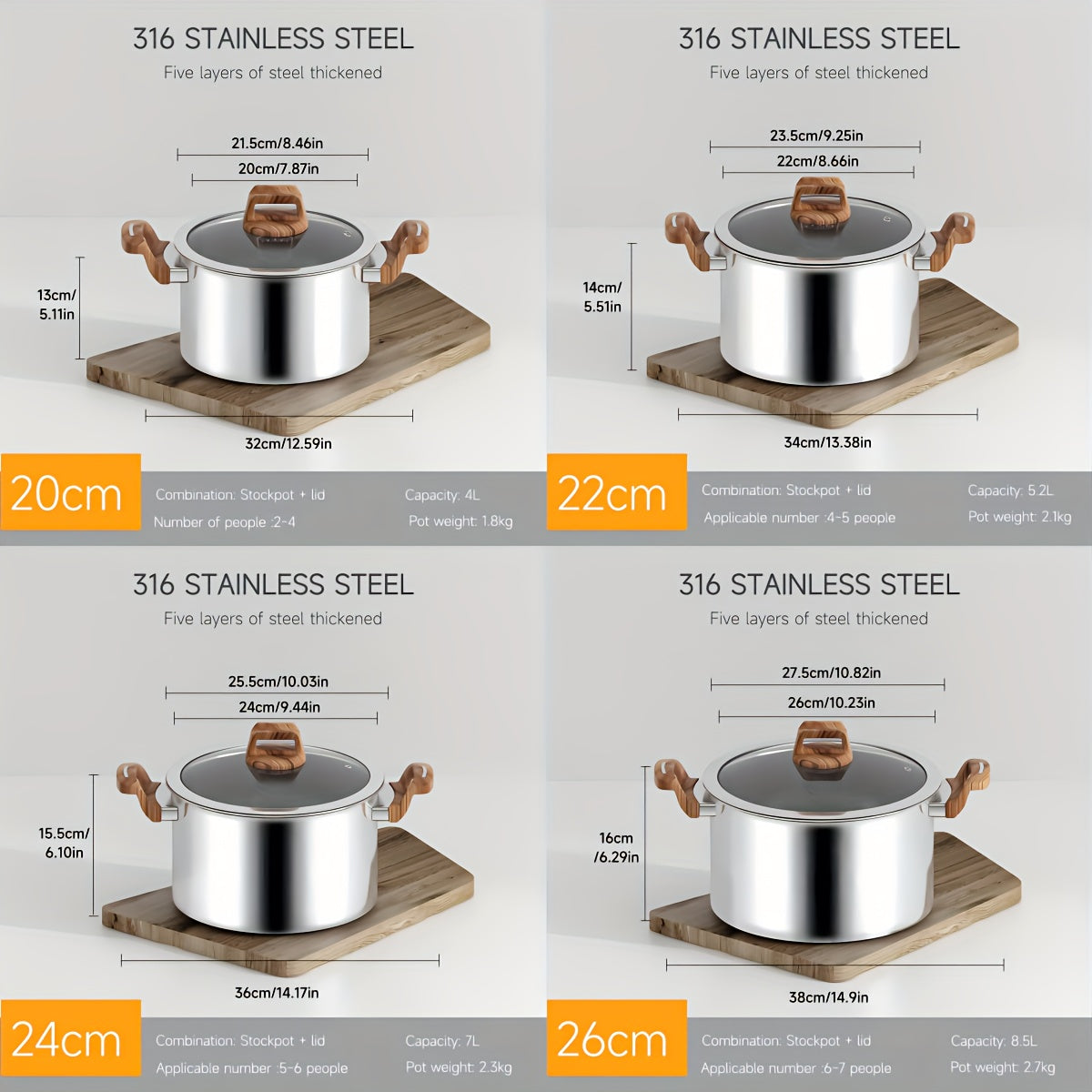 Five-layer composite steel pot for the kitchen, made of thickened food-grade 316 stainless steel. Non-stick and induction cooktop compatible. Features a deep soup pot and thickened steamer with 304 stainless steel lid. Ideal for cooking noodles