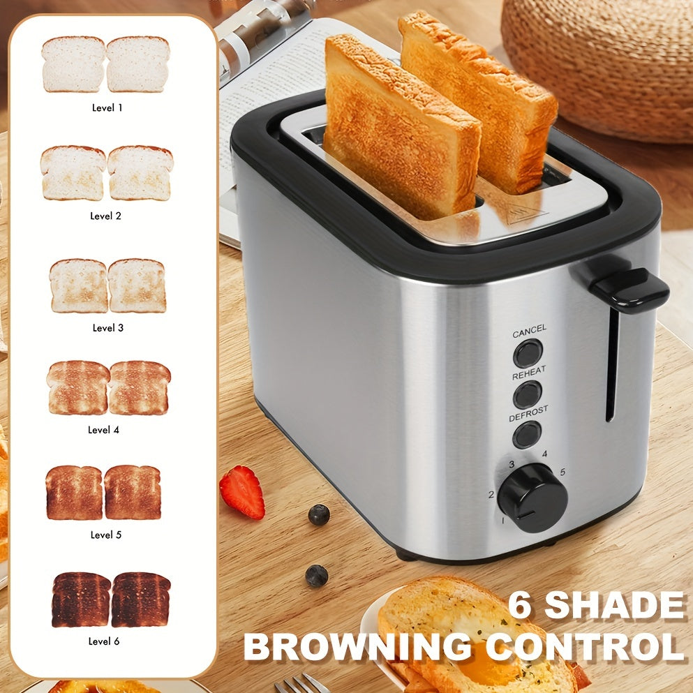 Stainless Steel Toaster with 2 Slices and Anti-Fingerprint Finish, 6 Shade Settings, Cancel/Defrost/Reheat Functions, Removable Crumb Tray, Anti-Jam Feature, Self-Centering Slots, High-Lift Lever, Cord Storage, Food Clip, Silicone Dust Cover.