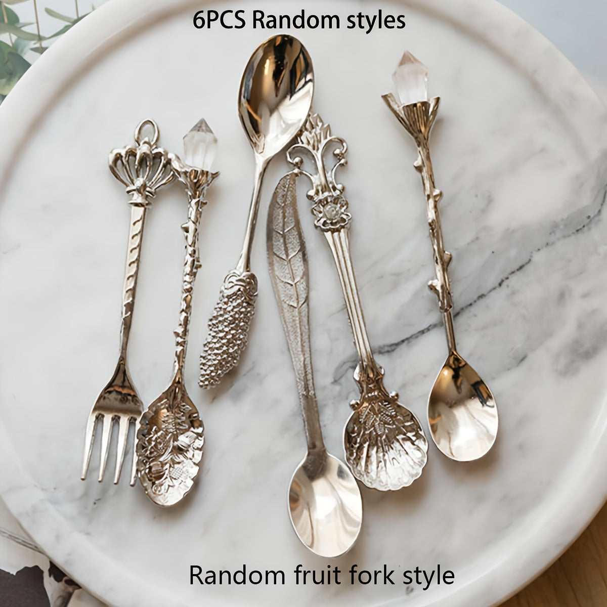 Set of 6 European golden vintage spoons for desserts and coffee, with carved fruit designs, ideal for kitchen, dining, and bar use.