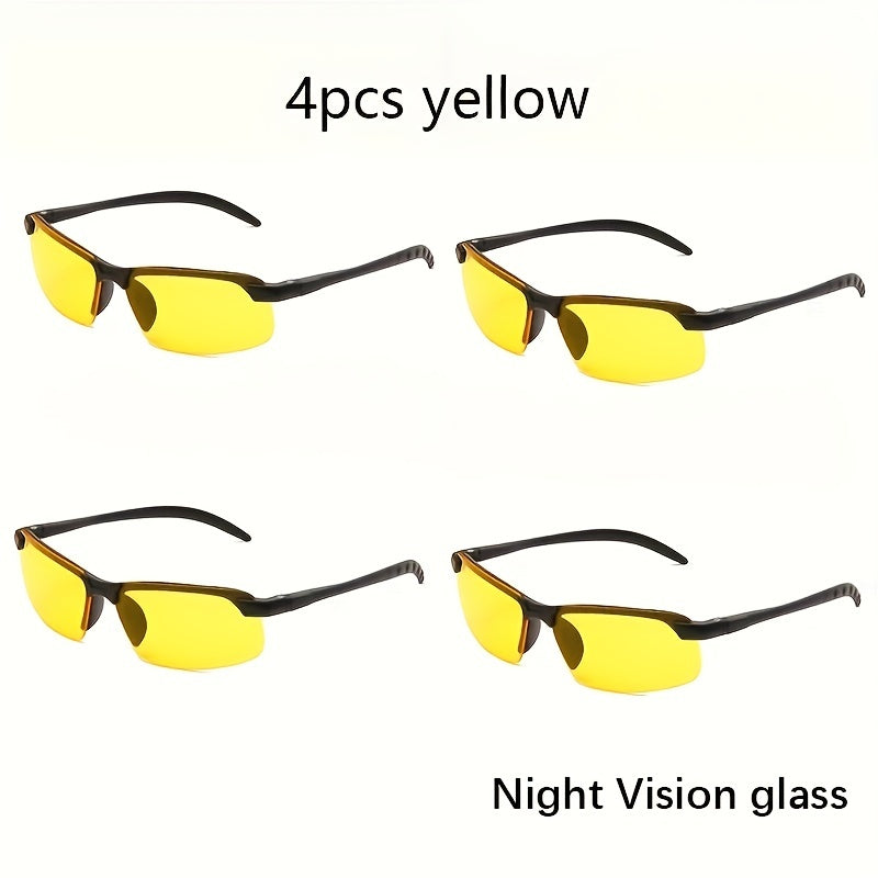 Night vision glasses for outdoor sports and night driving, available in sets of 1, 2, or 4, for men and women. Fashionable semi-rimless design.