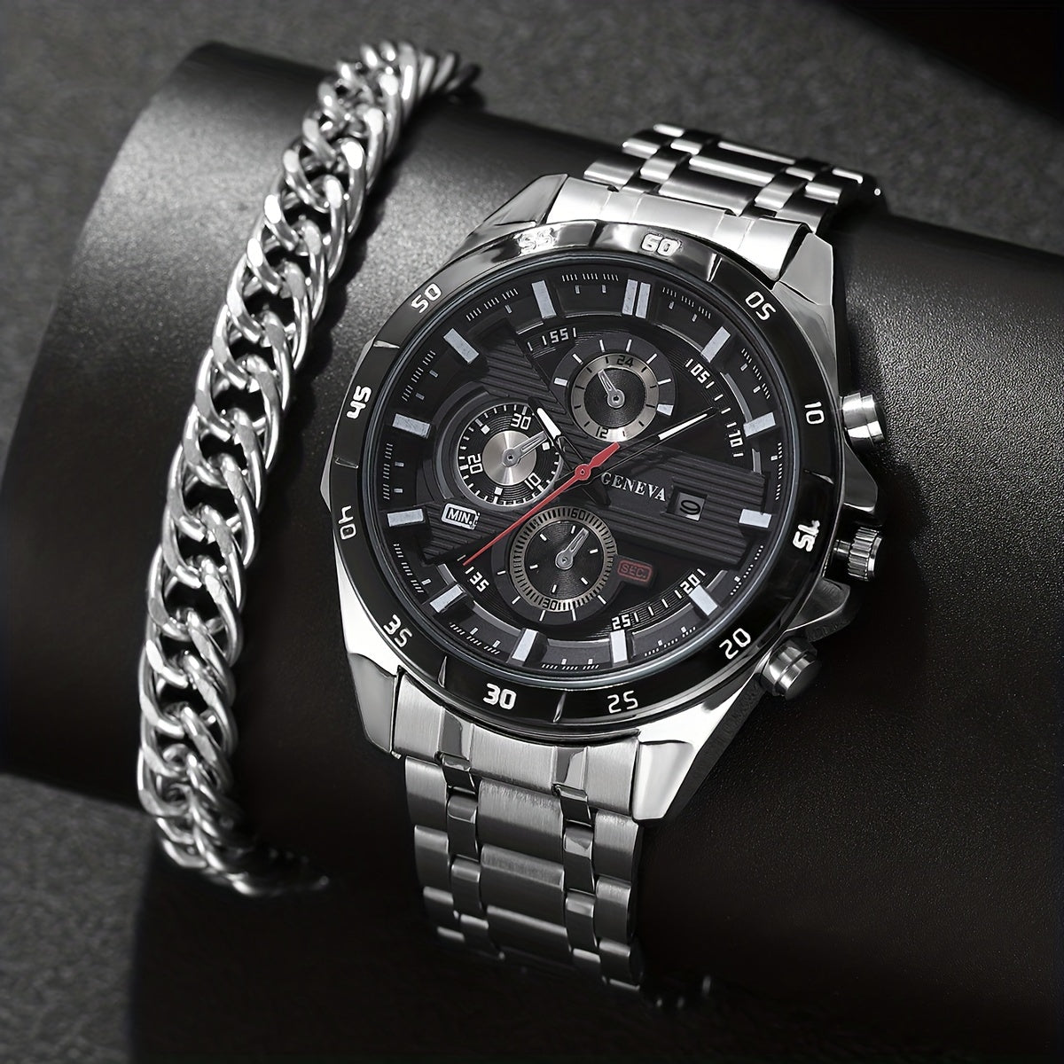 Elevate your style with this high-end men's watch featuring a large dial, waterproof design, and two-piece set. Add a touch of elegance to your watch and bracelet collection.