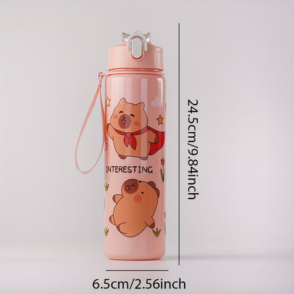 Cartoon Kapibara-themed 26oz water bottle with straw, leak-proof, PVC-free, hand wash only. Great for outdoor activities and makes a perfect holiday gift.