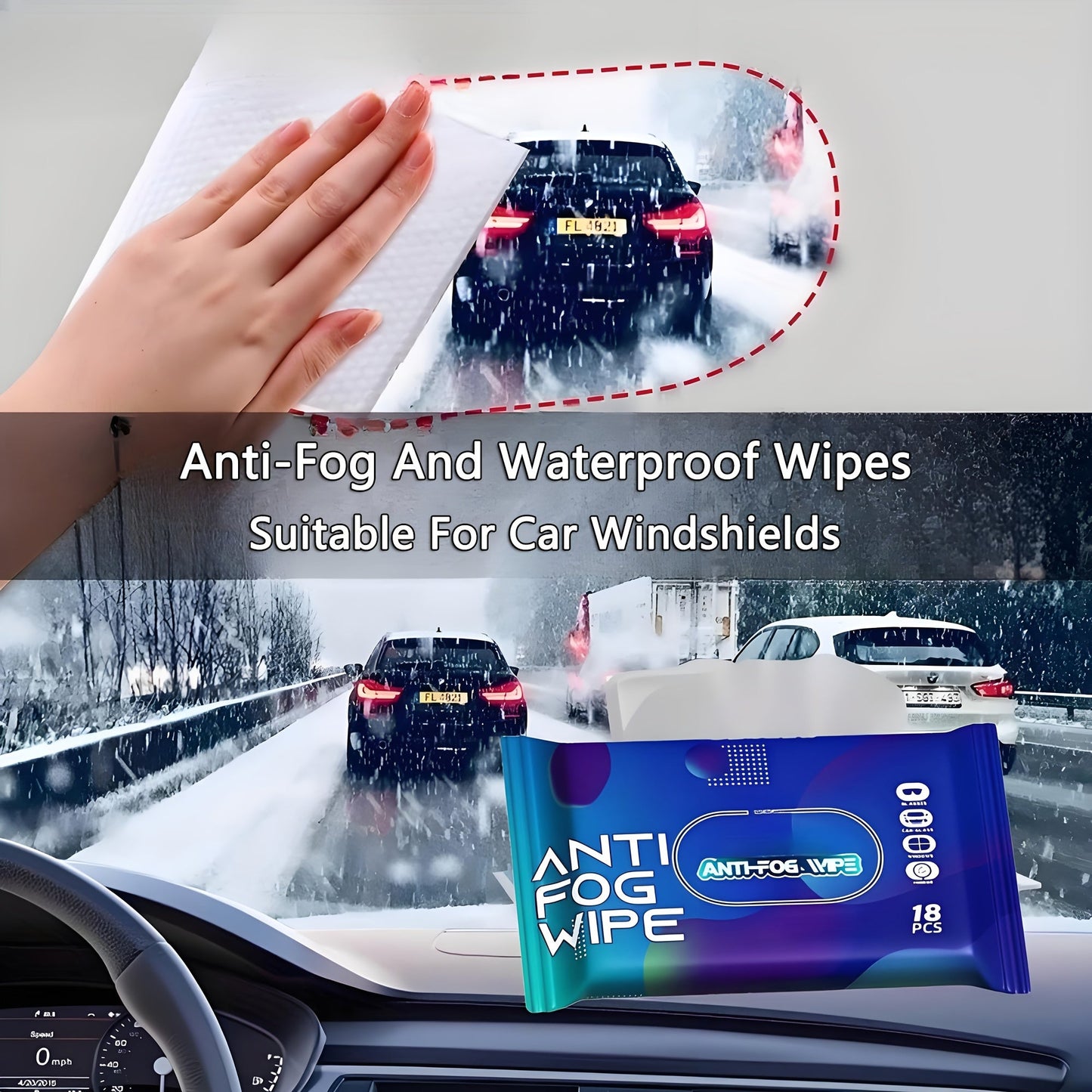 Get a pack of 18 Anti-fog Wipes that are made of Multifunctional Non-woven Single Sheets for easy cleaning of car windows and glasses. These wipes are portable, convenient, and provide a one-wipe solution.