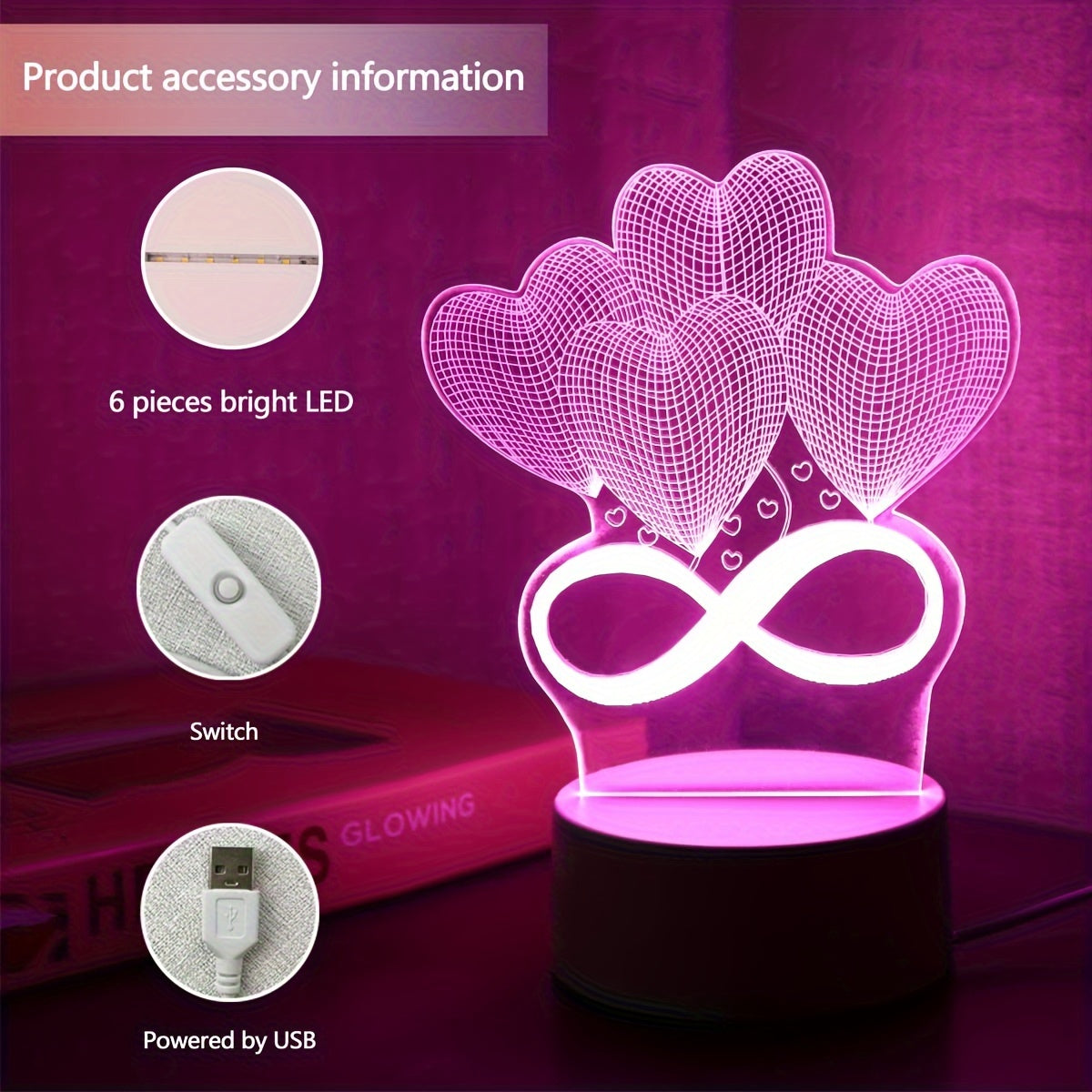 Pink Love 3D LED Night Light for Bedroom Decoration