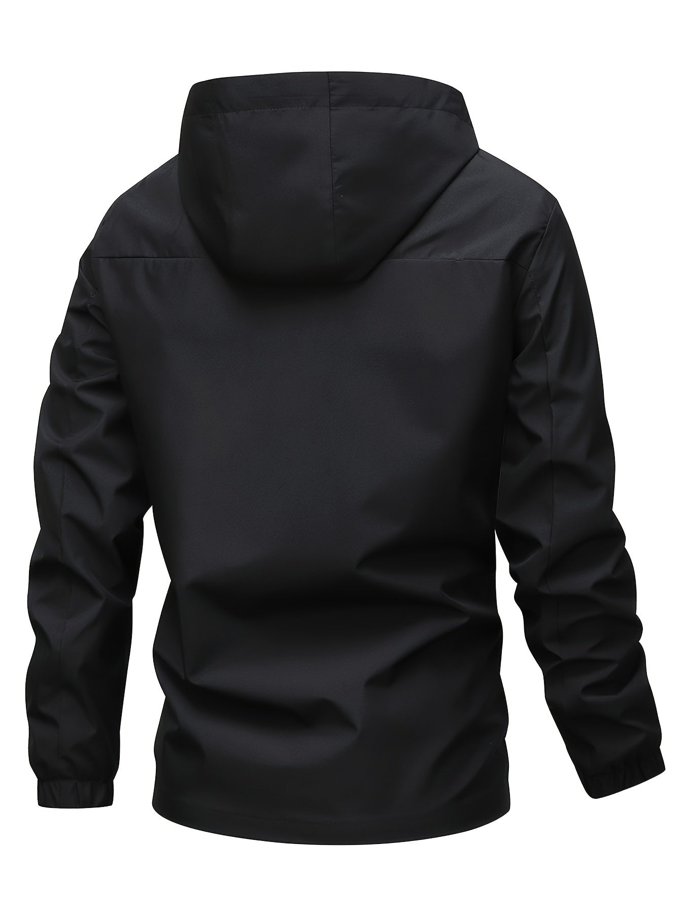 Men's casual sporty hooded jacket with lightweight polyester material, zipper pockets, adjustable drawstring hood, and "FOUND MOST WANTED" embroidery, perfect for spring/fall.