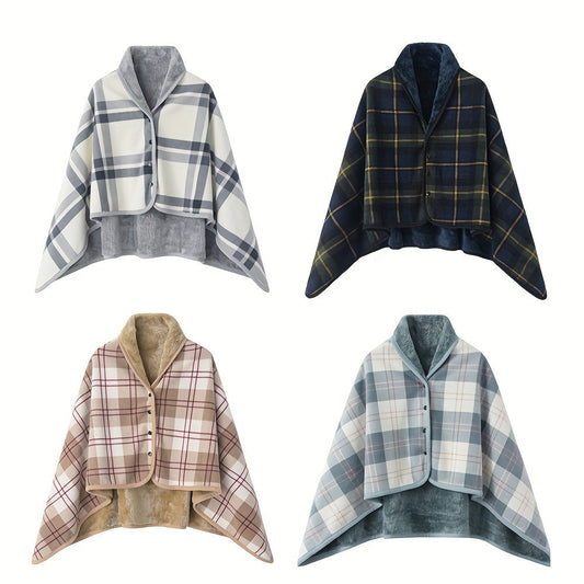 One piece versatile shawl blanket featuring a double layer of thick, plaid patterned polar fleece ideal for autumn and winter. Perfect for office use, this wearable blanket with legs is great for lounging on the couch or sofa.