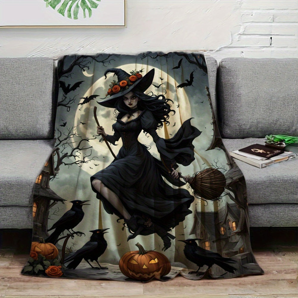 One piece of a Just-In-Time Witch in a Moonlight Black Dress Printed Flannel Fleece Blanket. This festive throw is perfect as a gift, and can be used for multiple purposes such as on the beach, camping, on the sofa, for pets, in the office, or as home