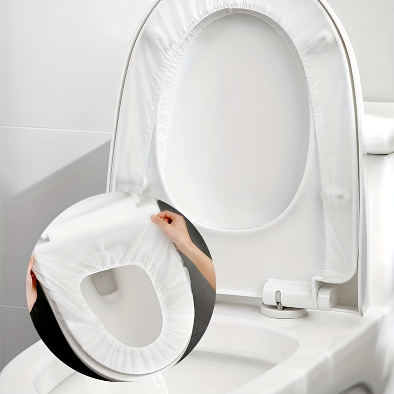 Disposable toilet seat covers in packs of 10, 20, 30, or 50. Individually wrapped with premium elastic strap for portability. Waterproof, stain-proof, and non-slip for travel, home, or potty training. Ideal as a gift for teenagers.