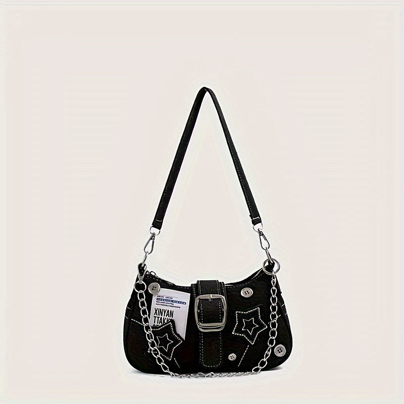 Denim shoulder bag with star pattern, moon shape, chain strap, zipper closure, polyester lining, removable strap.