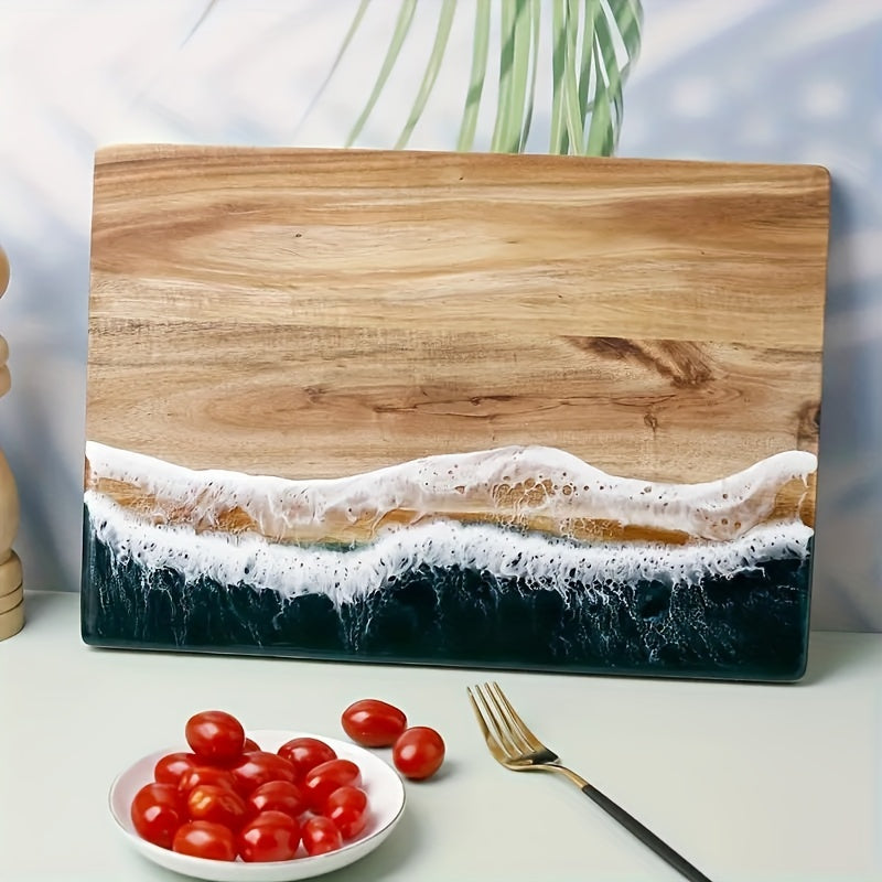 Get your hands on the stylish Wavy Resin Acacia Wood Cutting Board for home use. This creative cutting board is safe for food contact and perfect for slicing fruits and vegetables. Its unique wave design adds a touch of elegance to your kitchen, making