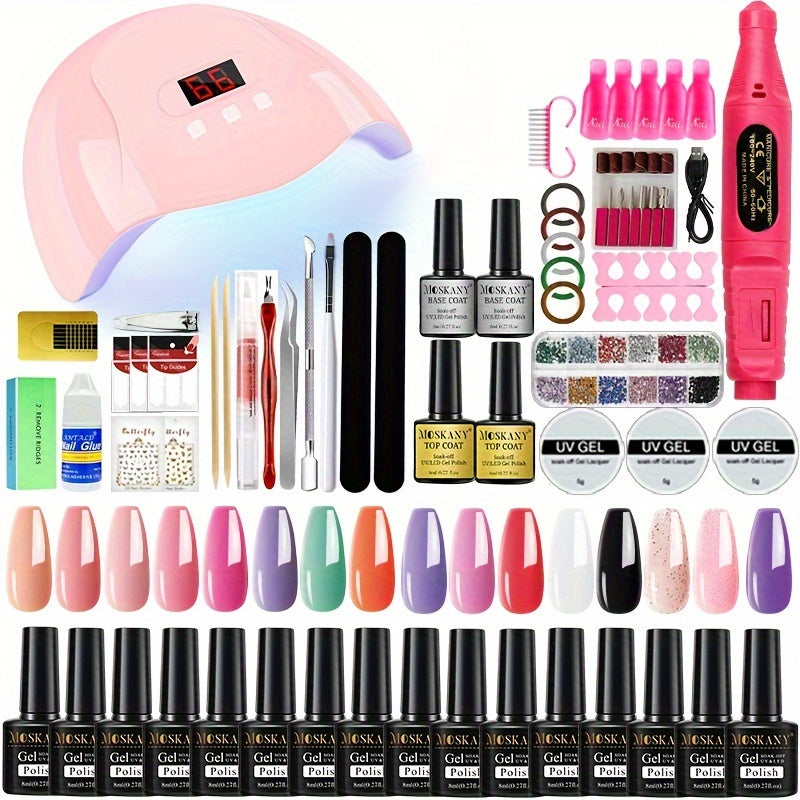 UV LED lamp gel nail polish starter kit includes top & base coat, nail drill, and decoration kit for salon and home manicure.