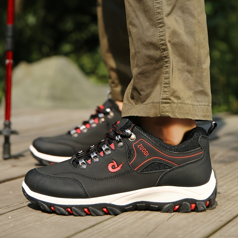 Men's durable lace-up hiking shoes, suitable for hiking, trail running, and casual sports activities, with slip-resistant soft soles for outdoor comfort.