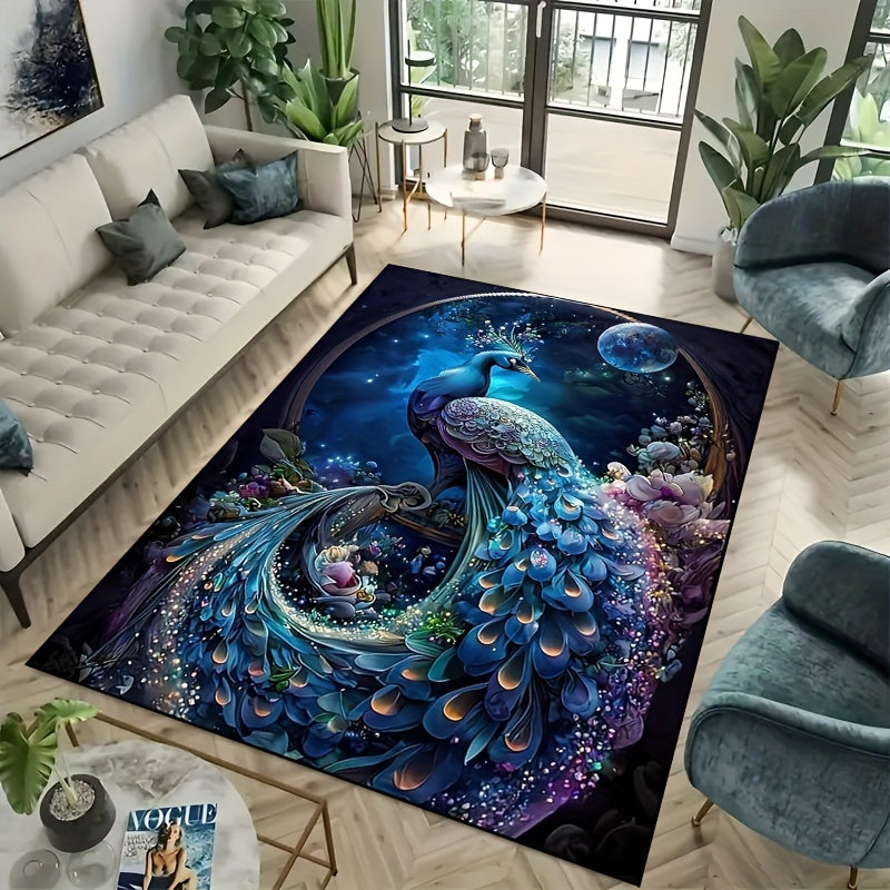 1 piece Vibrant Peacock Pattern Area Rug - Non-Slip, Machine Washable Polyester Rug with Luxurious Crystal Velvet Texture - Ideal for Gaming Rooms, Dorms, Teenage Bedrooms & Halloween Decor, Peacock Theme