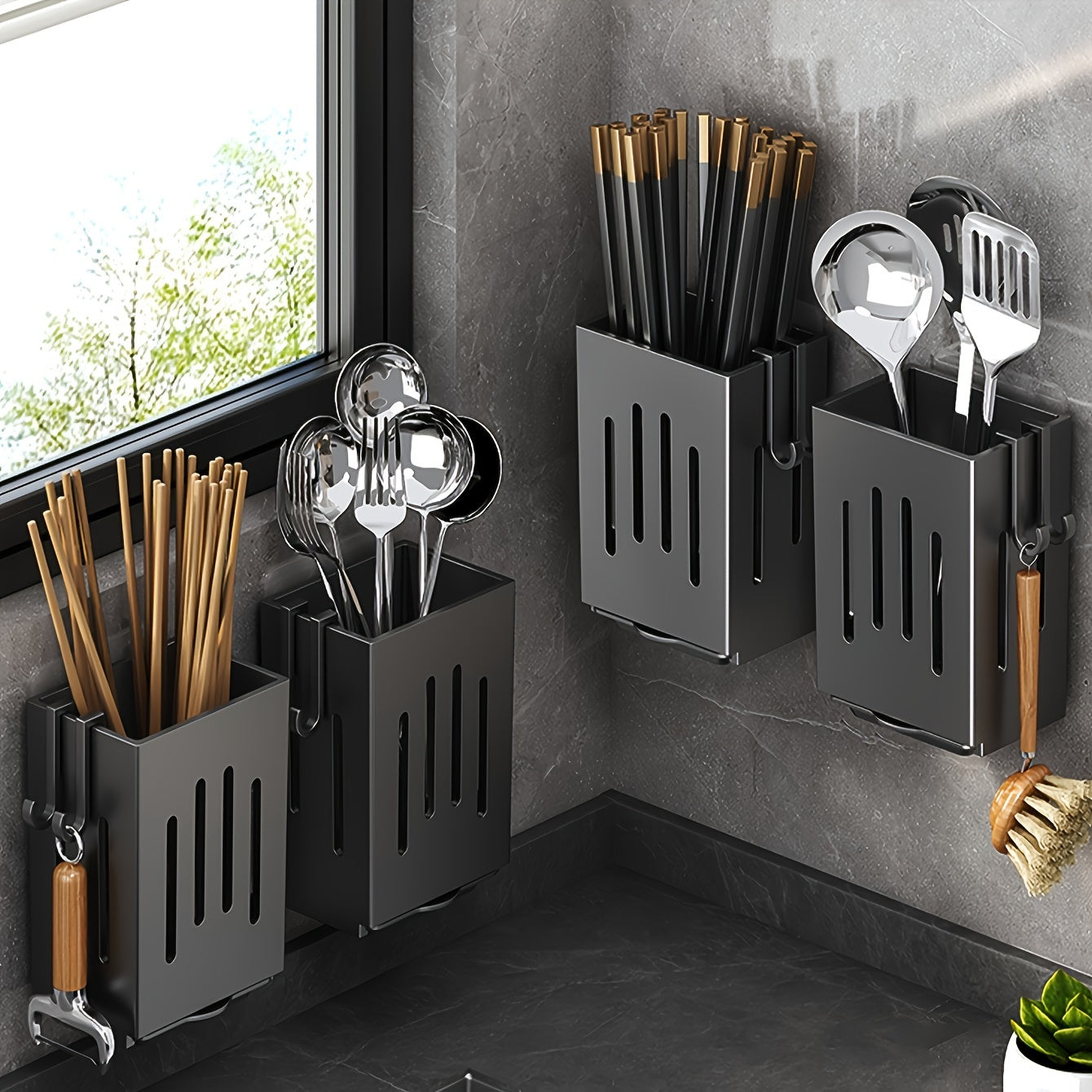 Kitchen Storage Solution: Multifunctional Utensil Holder for Draining and Organizing - Can Be Wall Mounted or Freestanding - Lightweight Plastic Cage for Cutlery and Flatware - Includes Drainage for Chopsticks - Perfect Kitchen Organizer