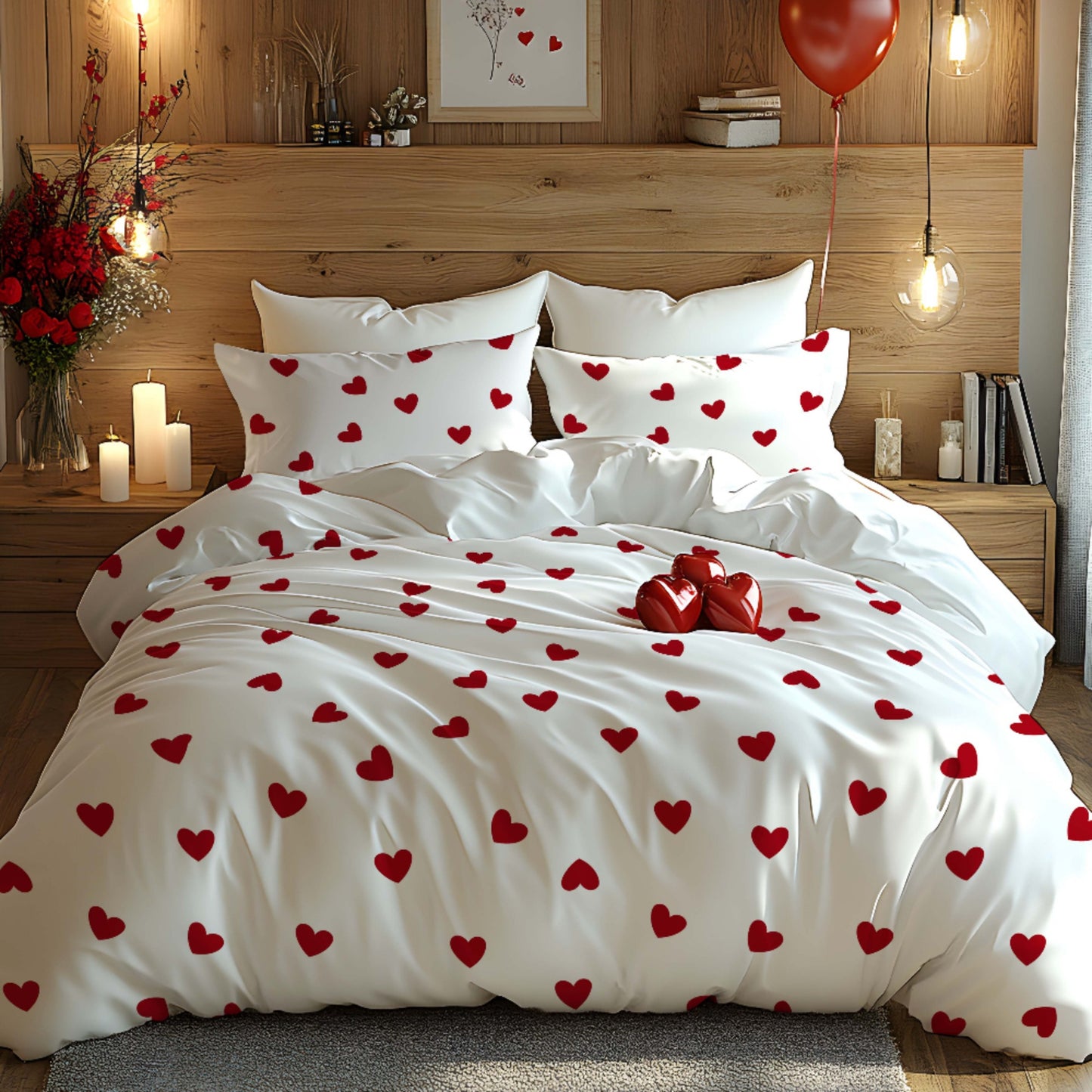 Valentine's Day-themed 3-piece bedding set featuring pure love design pattern made of soft fleece fabric with 3D digital printing. Includes 1 quilt cover and 1-2 pillowcases. Suitable for