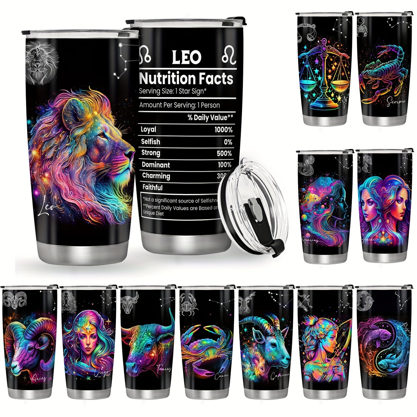 20oz Stainless Steel Zodiac Tumbler - Personalized Constellation Coffee Cup with Horoscope Designs. Leak proof, double wall vacuum insulated with BPA free lid. Ideal for outdoor activities. Perfect gift for various occasions. Machine washable. Leo