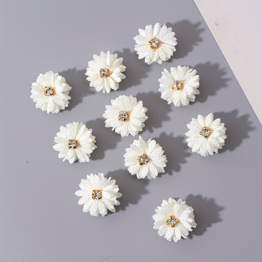 A set of 10 Chinese-style hair clips with fabric flowers and rhinestone centers in white, perfect for parties and daily wear.