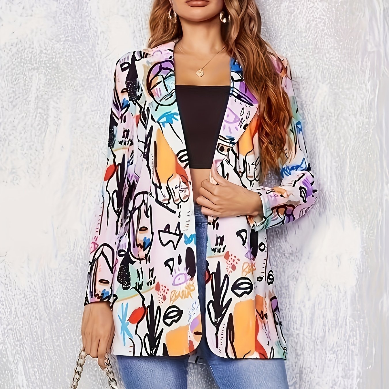 Plus size graffiti print blazer with long sleeves and open front, featuring a vibrant abstract design. Casual and stylish outerwear made from stretch fabric.