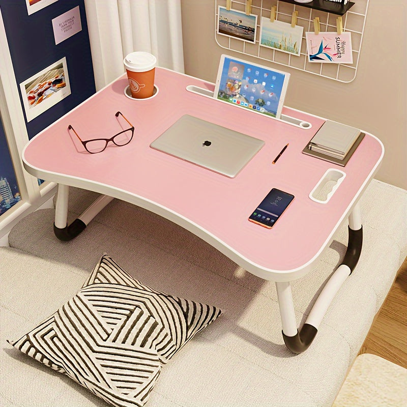 Wood fiber lap desk with folding legs, phone slot, cup holder, and handle - versatile table for students, office, or leisure.