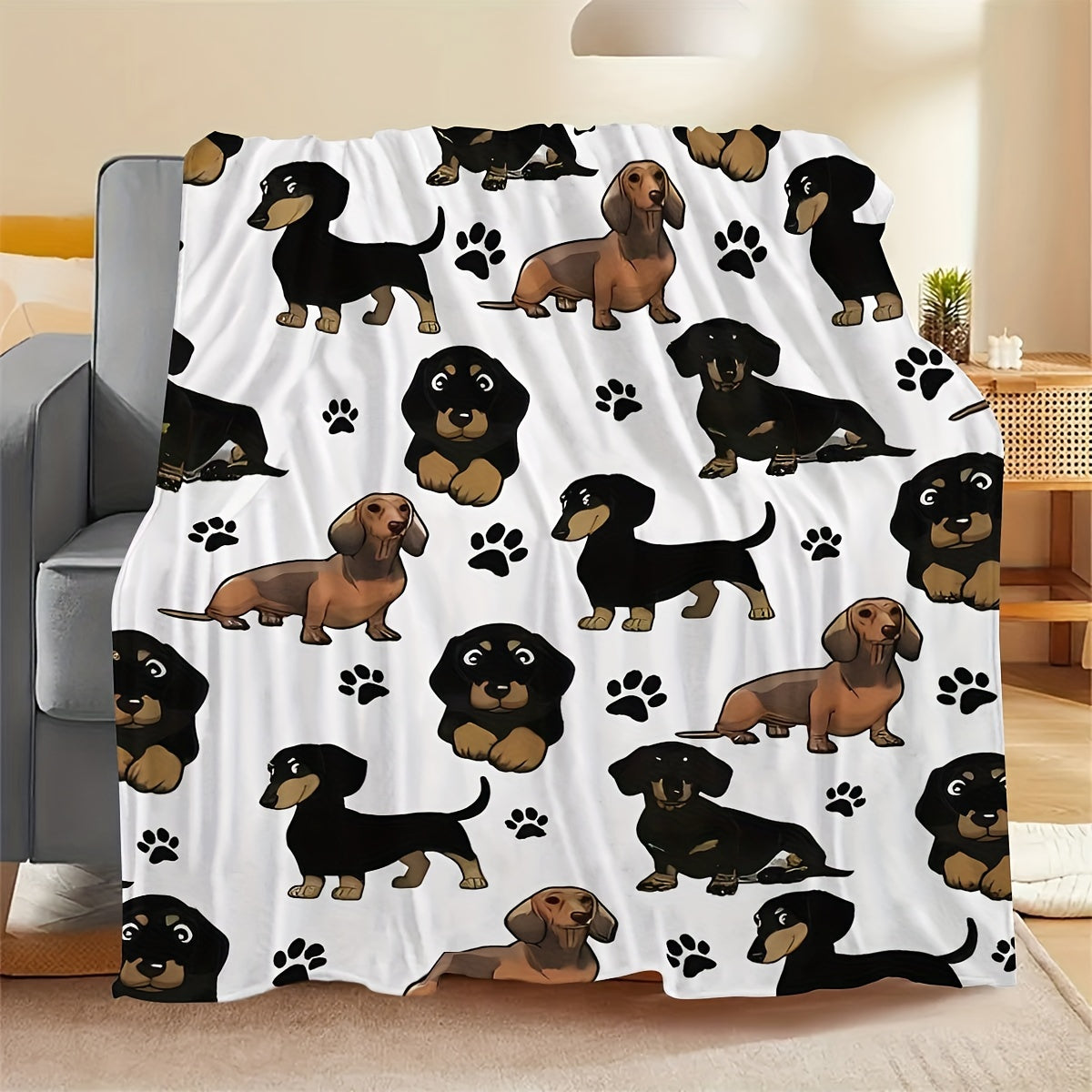 Soft and cozy all-season throw blanket with rustic dachshund dog pattern. Made from machine washable flannel fabric. Features a digital print design on 200-250g polyester material. Can be used for multiple purposes including a cozy nap blanket in your