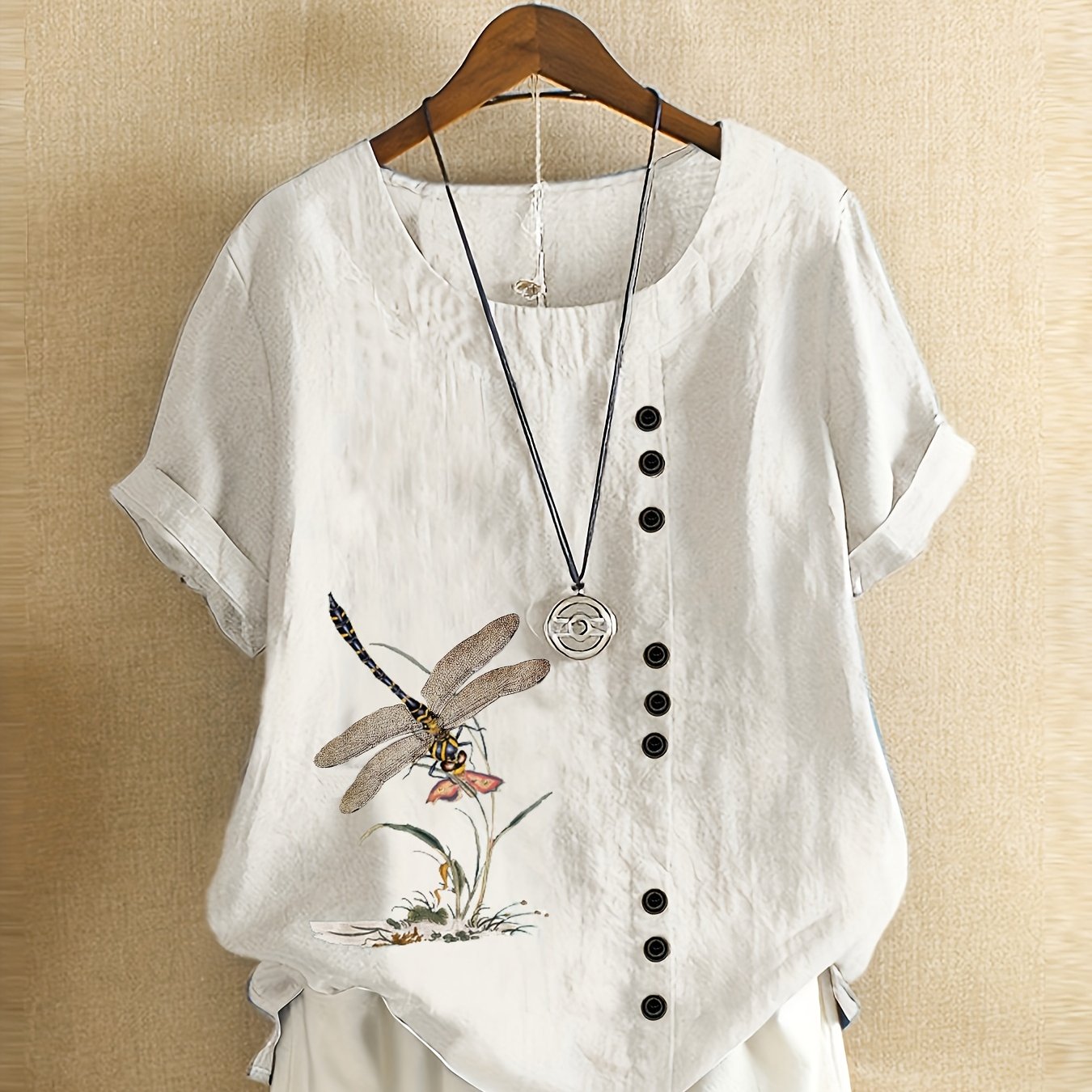 New style casual loose linen printed short-sleeve pullover shirt for plus-size women.