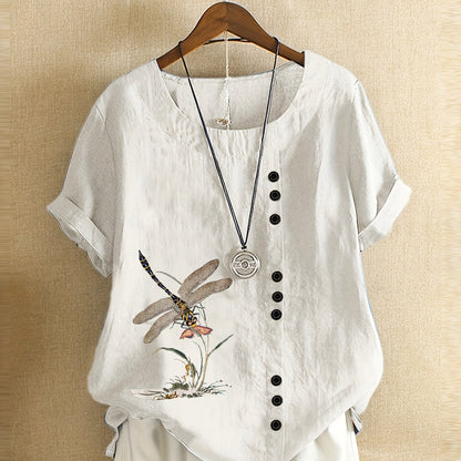 New style casual loose linen printed short-sleeve pullover shirt for plus-size women.