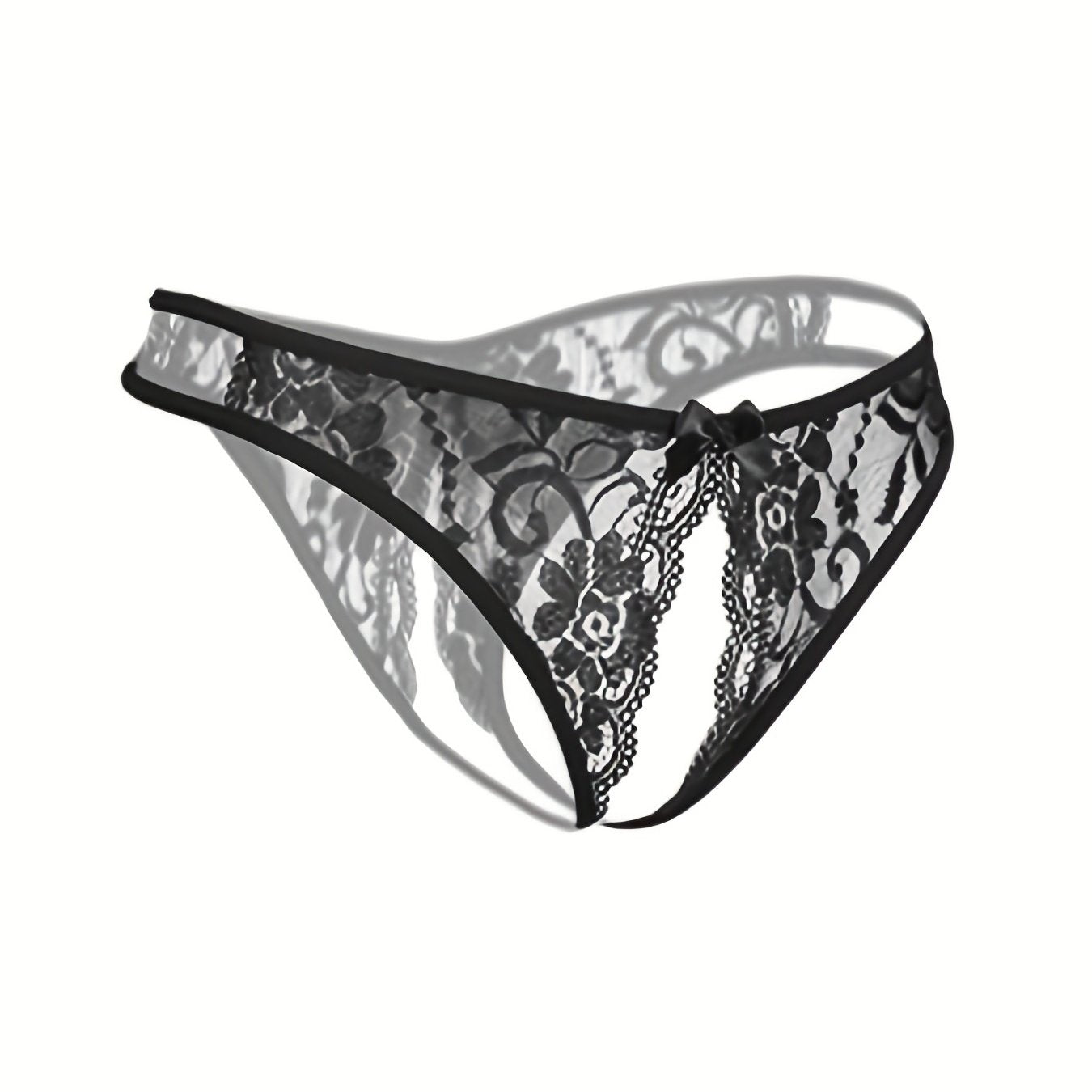 Floral lace thong with open crotch and bow detail - Women's lingerie.