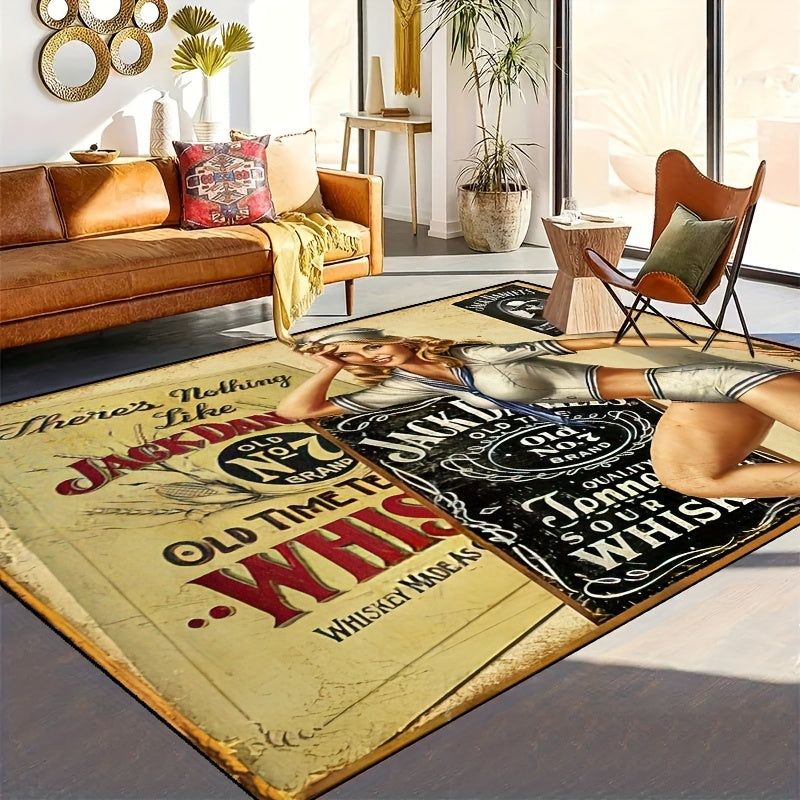 1 piece of Jack Daniels Beauty Polyester Rug with non-slip, machine washable, waterproof features. Suitable for indoor and outdoor use, this durable rug can enhance the decor of your living room, bedroom, nursery, patio, or garden.