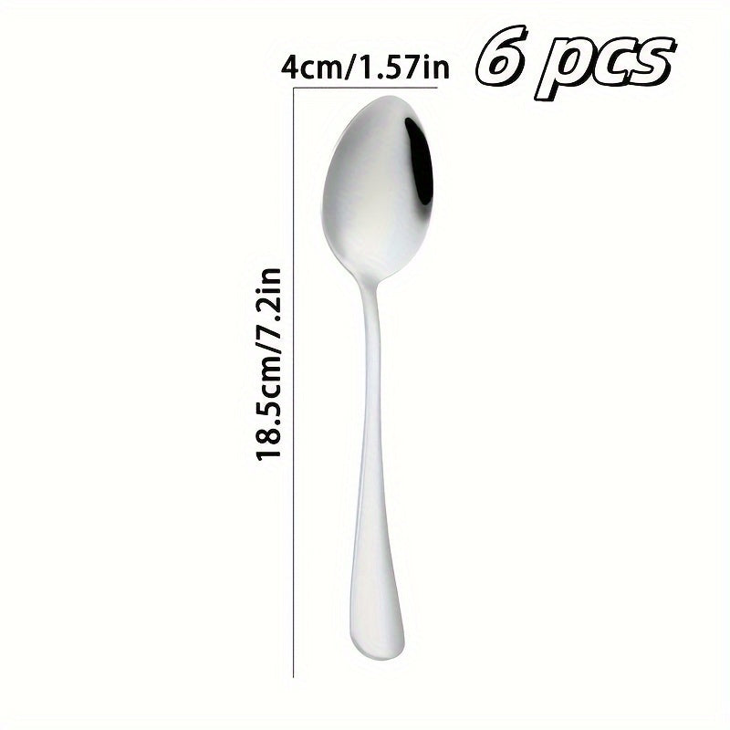 Set of 6 stainless steel spoons in various sizes for serving soup, coffee, and dinner in the kitchen and dining room.