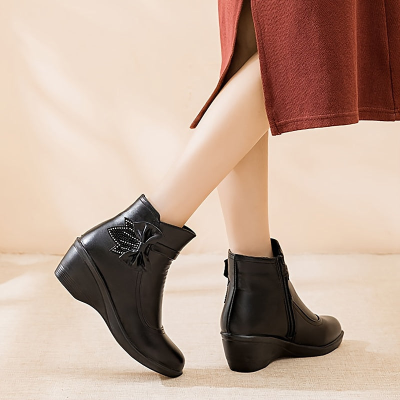 Women's Winter Ankle Boots with Wedge Heels, Wide Width, Bow Detail, Rhinestone Zipper, Waterproof, and Soft lining.