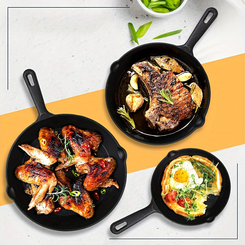 YUHUPHYLLIC pre-seasoned frying pan set includes 3 sizes (16cm, 20cm, 25cm) with spatula and handle sleeve for various cooking methods.