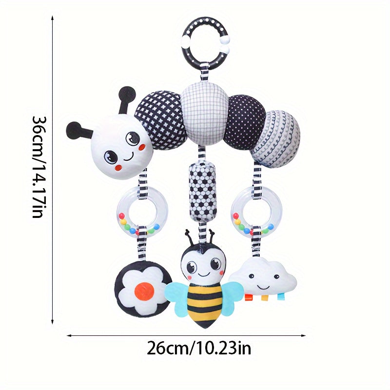 Soft and cuddly black and white animal wind chime plush toys, perfect for baby car seats and strollers. These hanging rattle toys are made of soft cloth and come from the Chinese Mainland. An ideal Christmas gift for infants aged 0-3 years old.