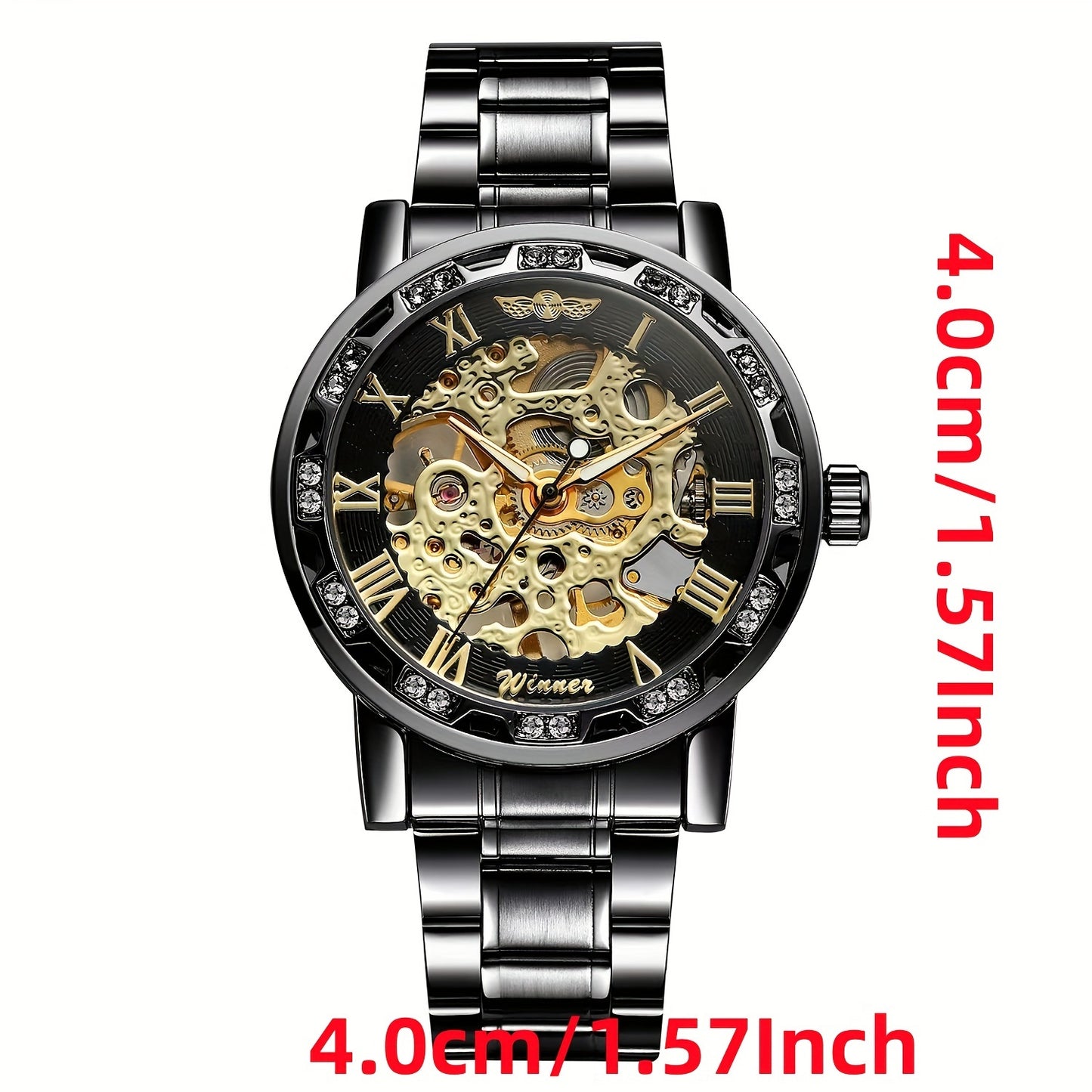 Men's Mechanical Watch with Skeleton Design, Rhinestone Accents & Stainless Steel Band.