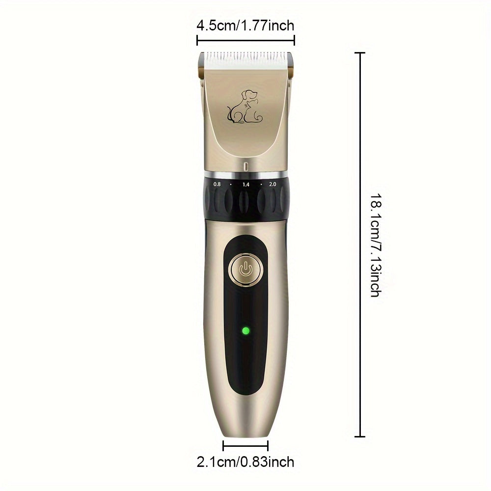 Electric pet hair trimmer with removable blade and rechargeable battery.