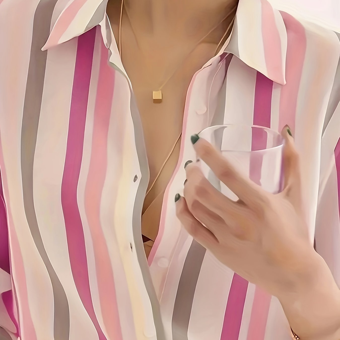 Casual striped print button-down shirt for women. Made from 100% polyester woven fabric with a lapel collar, long sleeves, and lightweight at 110g/m². Ideal for spring, summer, or fall.