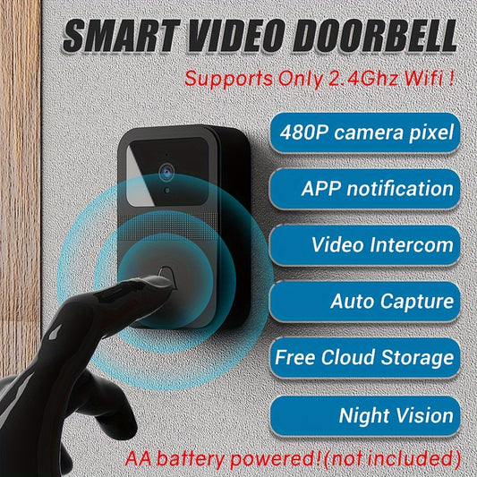 SELFIECOM D9 Smart Video Doorbell with features including 2.4 GHz Wi-Fi, 480p Video, Built-in Microphone, Night Vision, Button Control, Wall Mount, Battery Operated, App Enabled Intercom