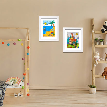 Kid's magnetic wooden picture frame for drawings and schoolwork with a lightweight design and vertical orientation, perfect for ages 3-12. Great for gifting at school or graduation.