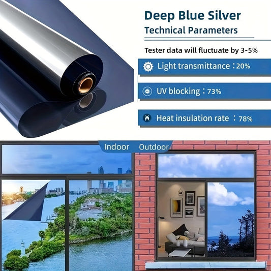 10mil Thick Plastic Peel and Stick Silver Window Film. Classic Deep Blue, Blocks UV Rays, Insulates Heat, and Sunscreen for Home and Office Use.