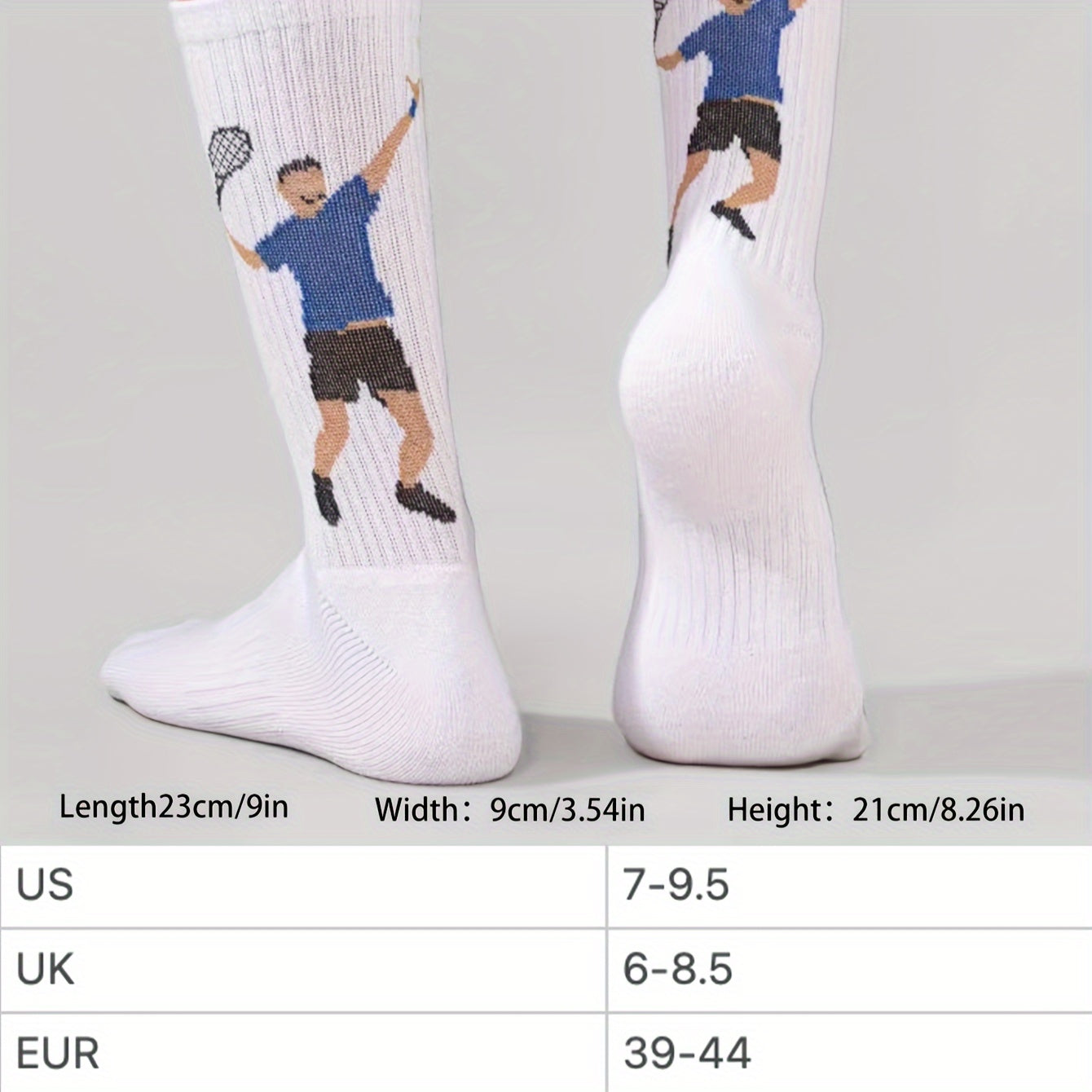 Men's tennis sports socks in cotton blend knit fabric with cartoon print. Suitable for football, tennis, fitness in all seasons. Unisex couple socks in European and Japanese style. Hand