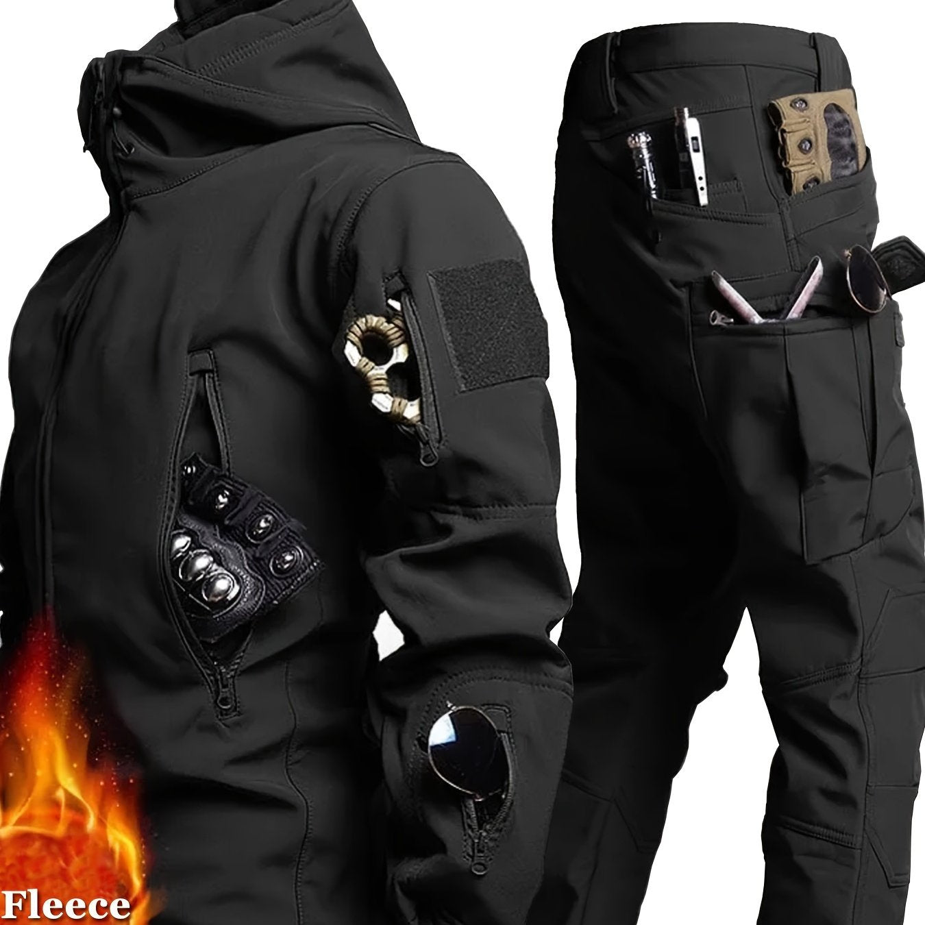 Men's tactical jacket and cargo pants set with fleece lining - perfect for outdoor activities in cold weather.